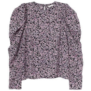 H&M Puff Sleeve Blouse, Small, Black/Purple Floral, Textured Weave Fabric